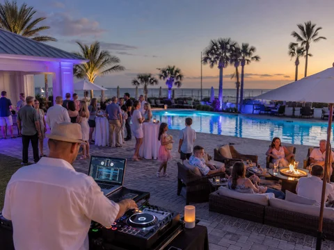 Resort guests enjoying poolside entertainment
